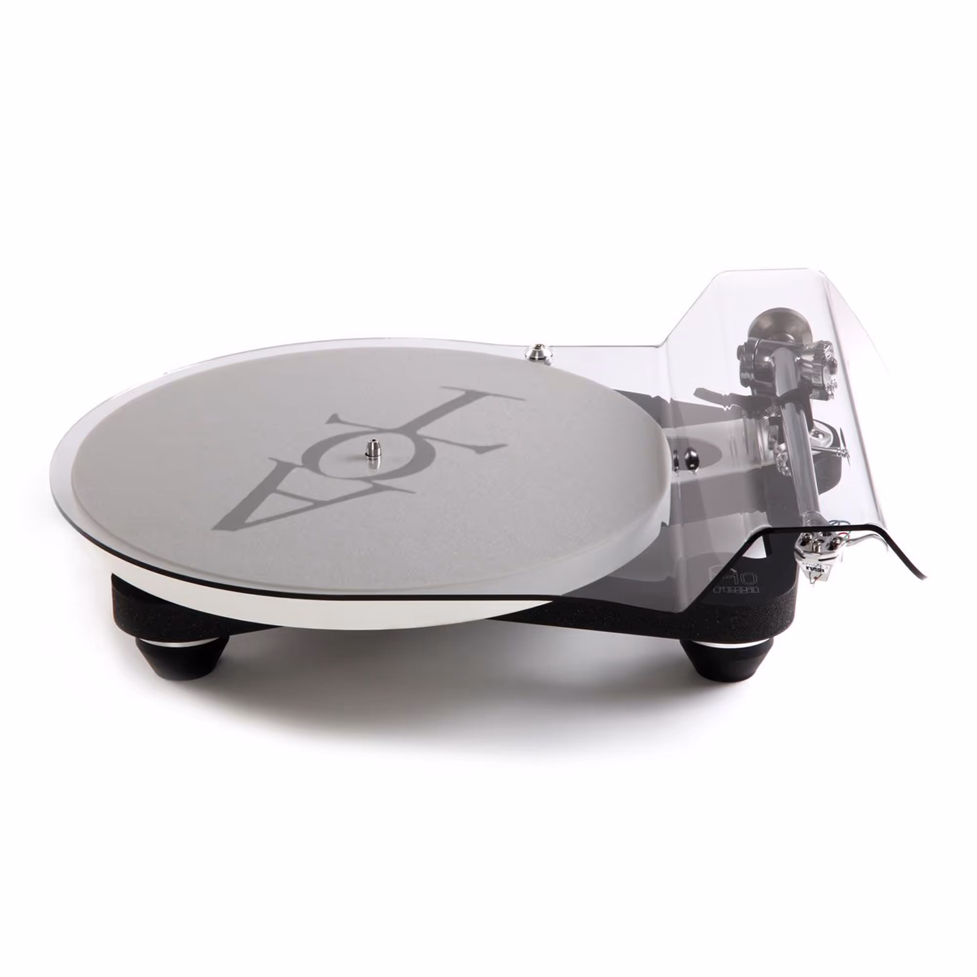 A Rega Planar 10 turntable with the Arrow of Time logo slip mat in white